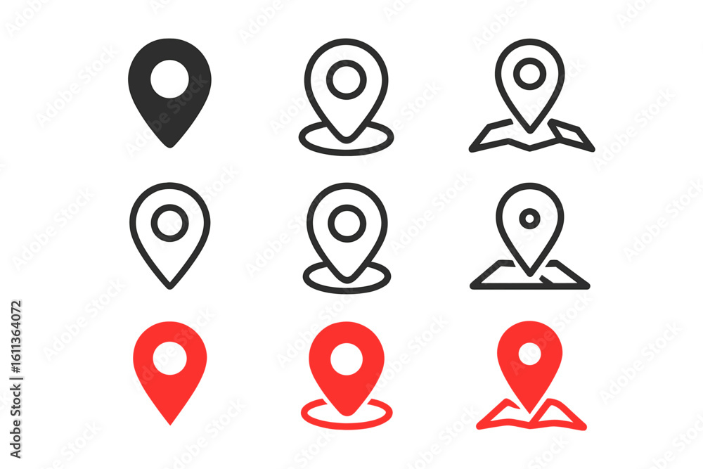Poster map location pin icon set. vector gps navigation pointer symbol collection. red and black markers fo