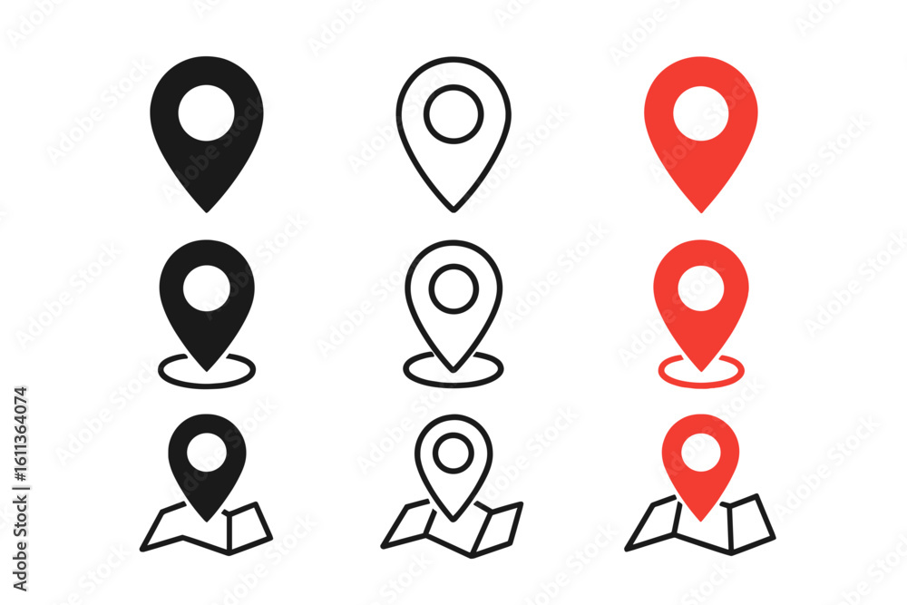 Poster map location pin icon set for navigation and destination. gps pointer and address marker symbols. re