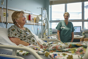 Elderly patient in a hospital bed receiving a visit from a healthcare worker in a clinical room.