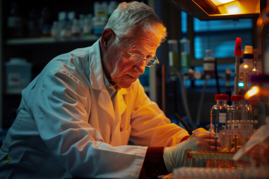 Senior male scientist in glasses examining a chemical flask in a research laboratory.