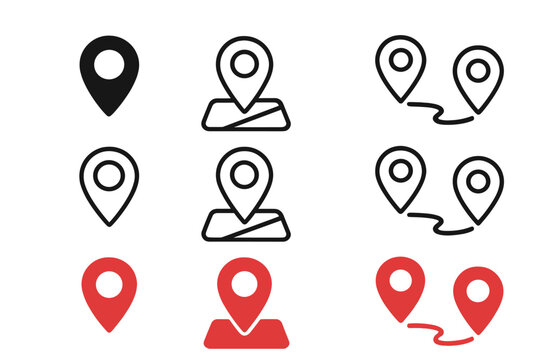 Map location pin icons set GPS navigation markers pointer symbols black outline red filled styles isolated vector graphics elements collection transparent background