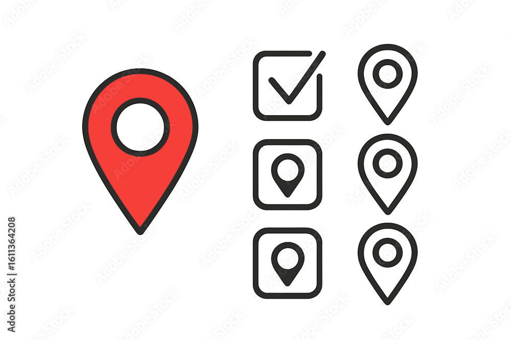 Poster location pin icon set. map pointer, navigation marker, and gps symbol collection. checkbox with tick