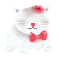 Charming white cat with red ribbon tied around its neck, clip art illustration design.