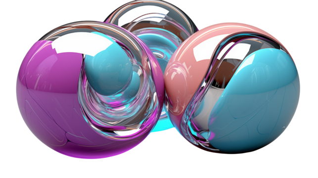Three glossy spheres with pastel colors and chrome reflections on black background