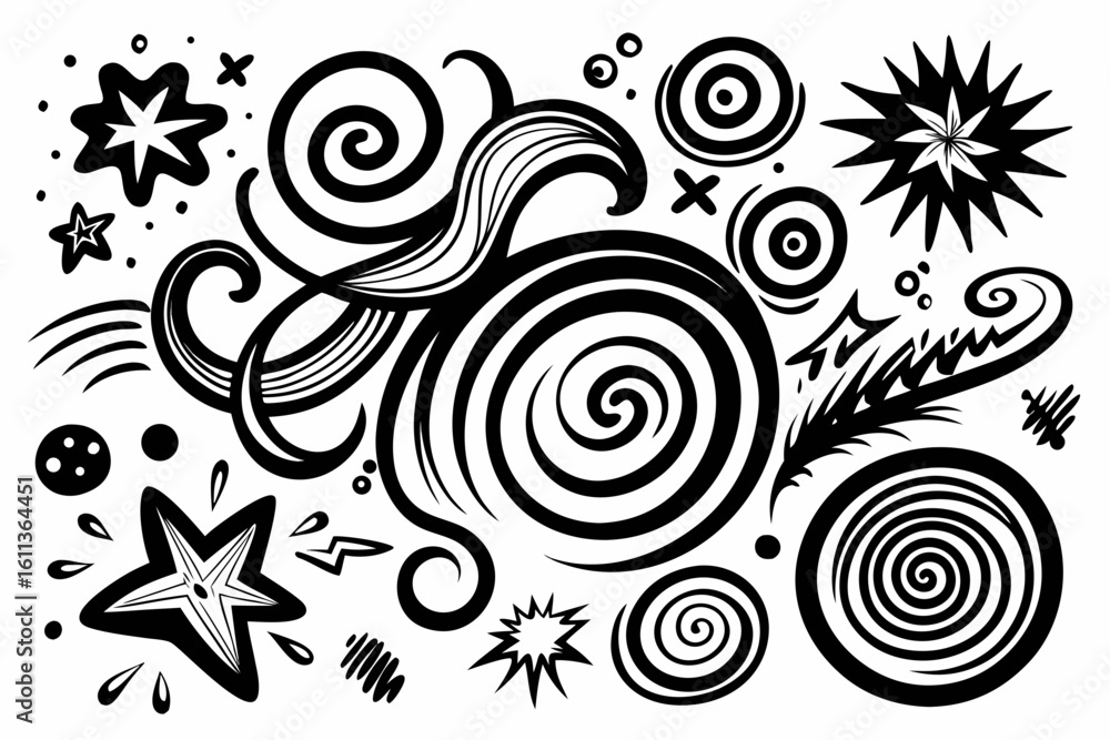 Poster abstract black and white doodle design with swirls stars and lines perfect for backgrounds patterns 