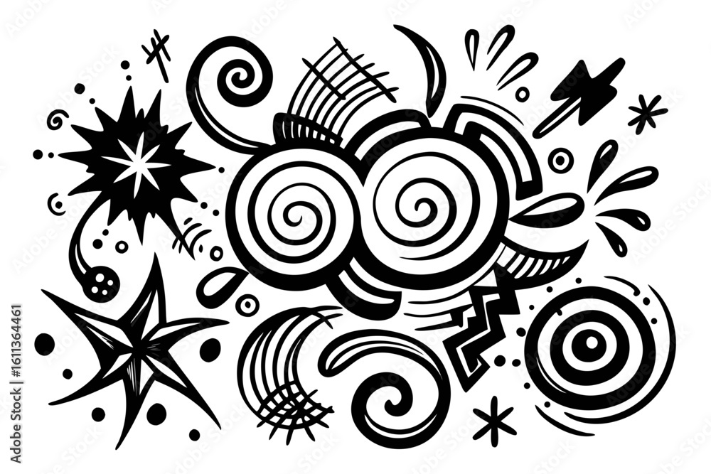 Poster hand drawn abstract doodle composition with stars swirls and geometric shapes in black and white ide