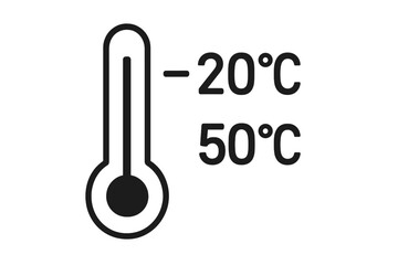Temperature limitation icon. Product packaging labeling symbol. Storage temperature range from minus 20 to plus 50 degrees Celsius. Thermometer sign vector graphic.