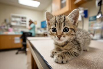 Curious kitten explores veterinary clinic while a staff member prepares for examination