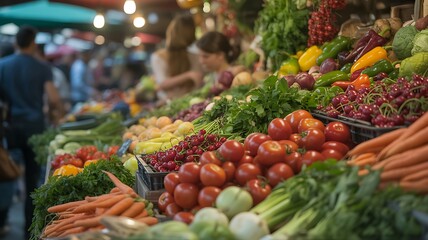 Vibrant close up of fresh produce at an outdoor market stall with blurred people in background image