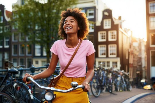 Joyful Young Woman Riding Bicycle in Urban Setting During Sunset, Capturing the Essence of Freedom and Happiness in City Life - Powered by Adobe