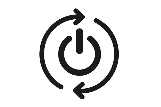 Black circular arrows surrounding power button icon symbolizing reset, restart, refresh, power cycle, renewable energy, circular economy, energy recycling vector illustration