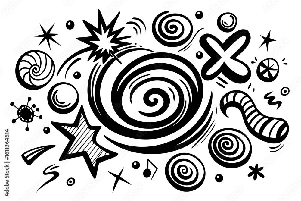 Poster hand drawn vector illustration of abstract shapes and elements in black and white perfect for backgr