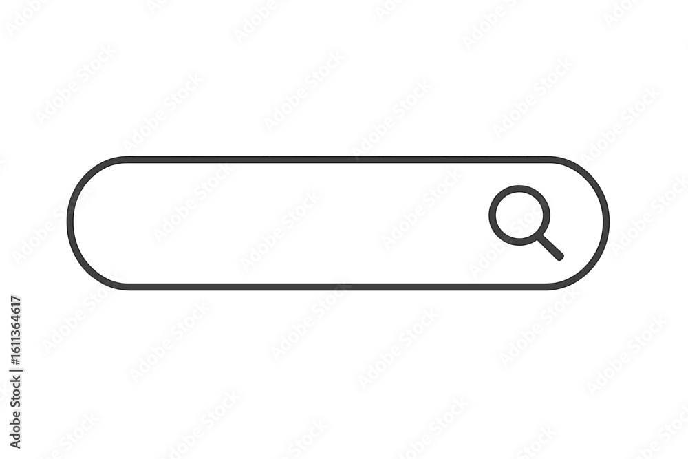 Poster minimalist rounded search bar interface element with magnifying glass icon outline. simple website s