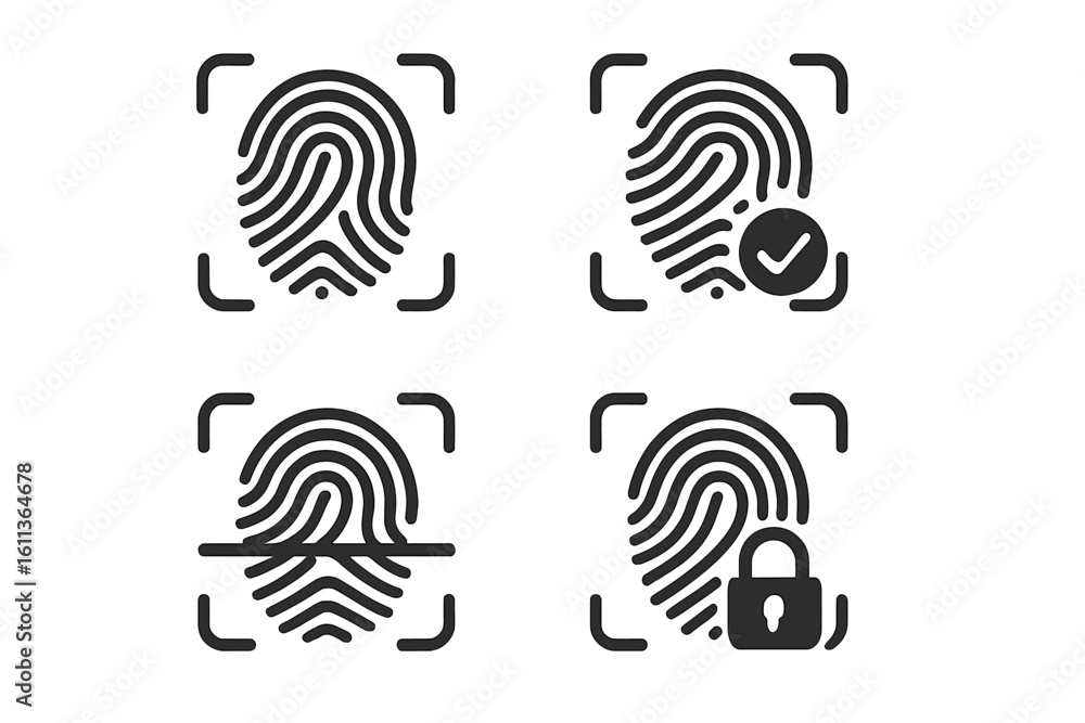 Poster fingerprint scan icons set for biometric authentication: secure identity verification, thumbprint ap