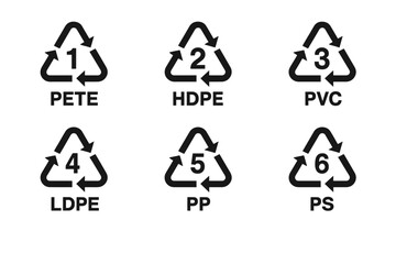 Plastic recycling code symbols set. Resin identification codes icon collection. Industrial marking for plastic products. PETE, HDPE, PVC, LDPE, PP, PS. Vector illustration.