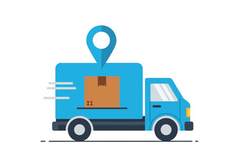 A stylized illustration of a delivery truck with a package and a location pin, signifying a shipping or delivery service.