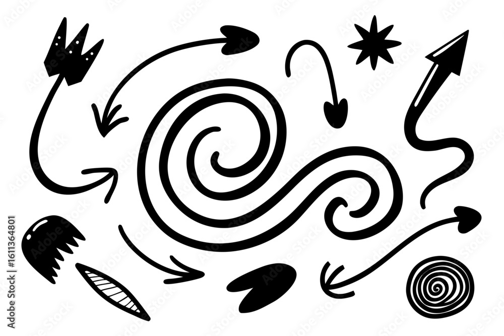 Poster hand drawn arrows and graphic elements in black and white perfect for adding a playful and creative 