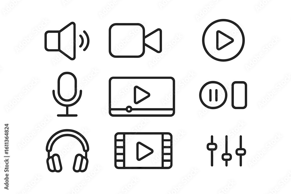 Poster audio and video line icon set. multimedia outline symbols for web and mobile app ui. vector collecti