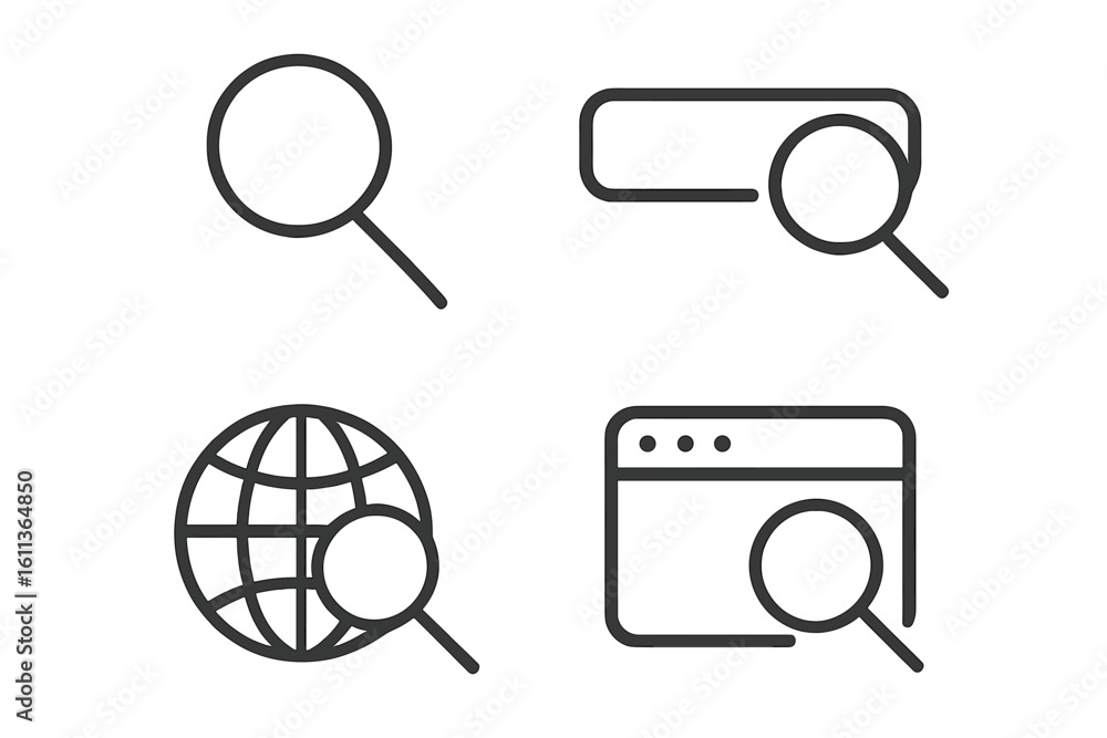 Poster search magnifying glass icons outline linear style vector set. web internet search ui elements for a