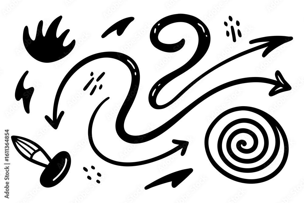 Poster hand drawn arrow and element collection in black and white a playful and whimsical design element pe