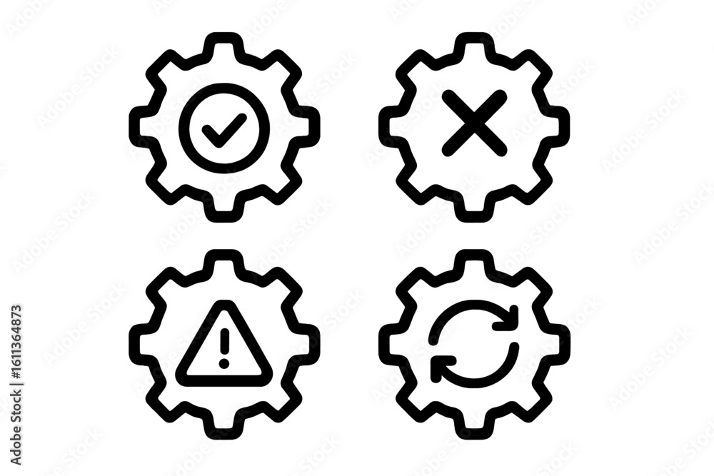 Poster thin line gear status icons set. outline cogwheel symbol with check mark, cross, warning triangle, s