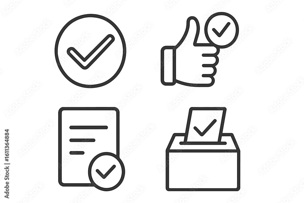 Poster approval checkmark icon set. verification complete symbols. thumbs up vote ballot document check mar