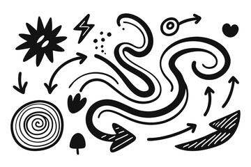 Hand Drawn Doodle Elements Set including Arrows Lightning Bolt Heart Spiral and Abstract Shapes in Black and White Perfect for Design Illustration and Decoration