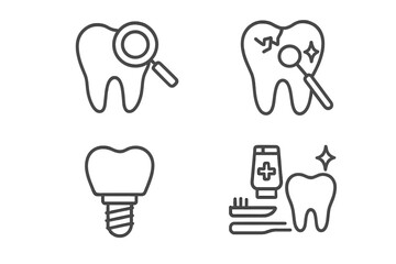 Dental care thin line icons set. Stomatology and dentistry concepts. Tooth check-up, caries treatment, dental implant, oral hygiene vector symbols for web, app design.