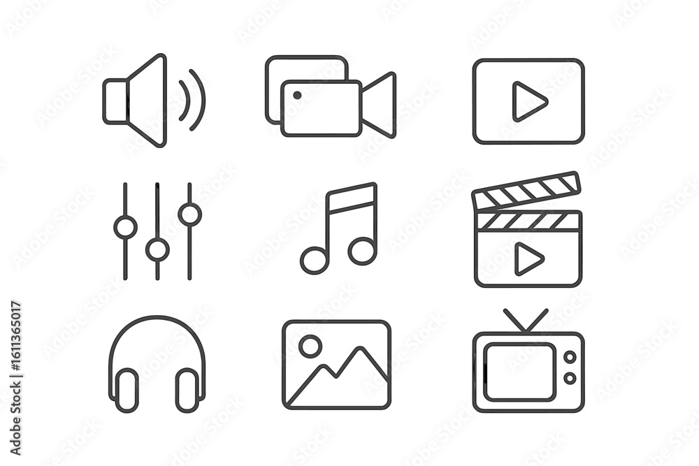 Poster audio video media entertainment icons set. linear outline multimedia symbols collection. sound music