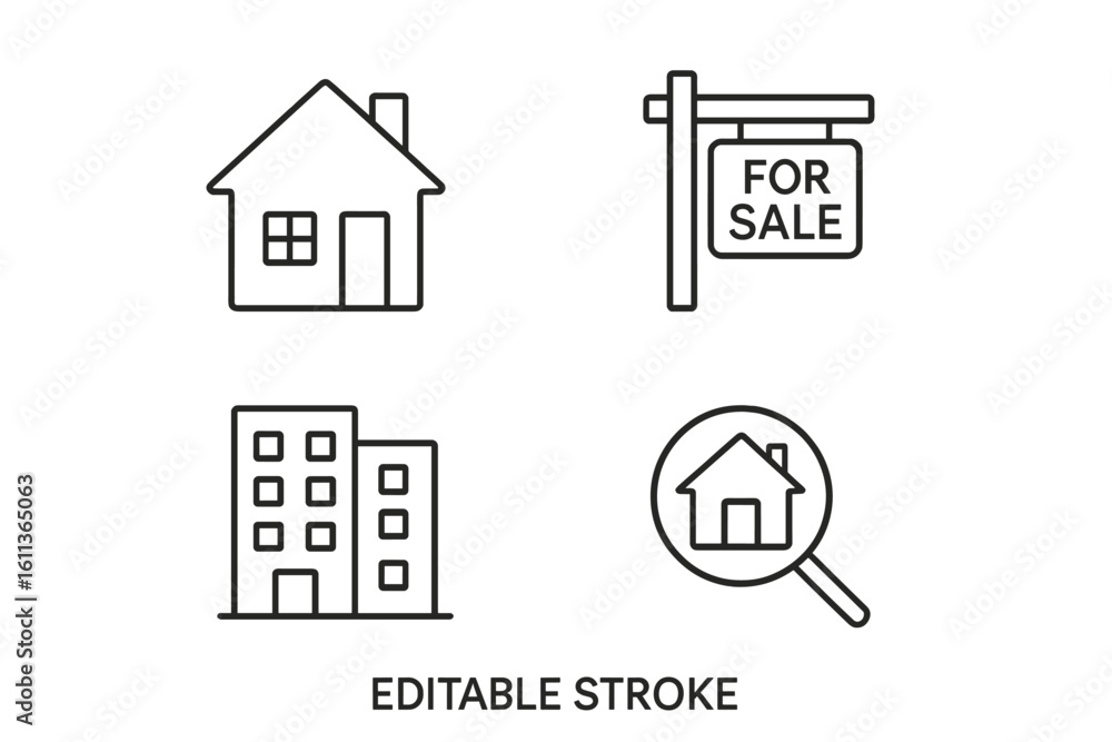 Poster real estate property icons set. house home building search concept. flat linear vector icons for web