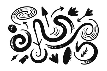 Obraz premium Hand drawn doodle elements set of black arrows swirls spirals and other abstract shapes isolated on a white background for creative design and decoration projects