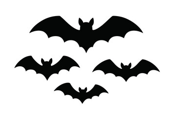 Fototapeta premium Flying bat silhouettes collection for Halloween design – black vampire bat icons, spooky animal clipart, isolated vector graphic for decoration, cut-out, transparent background