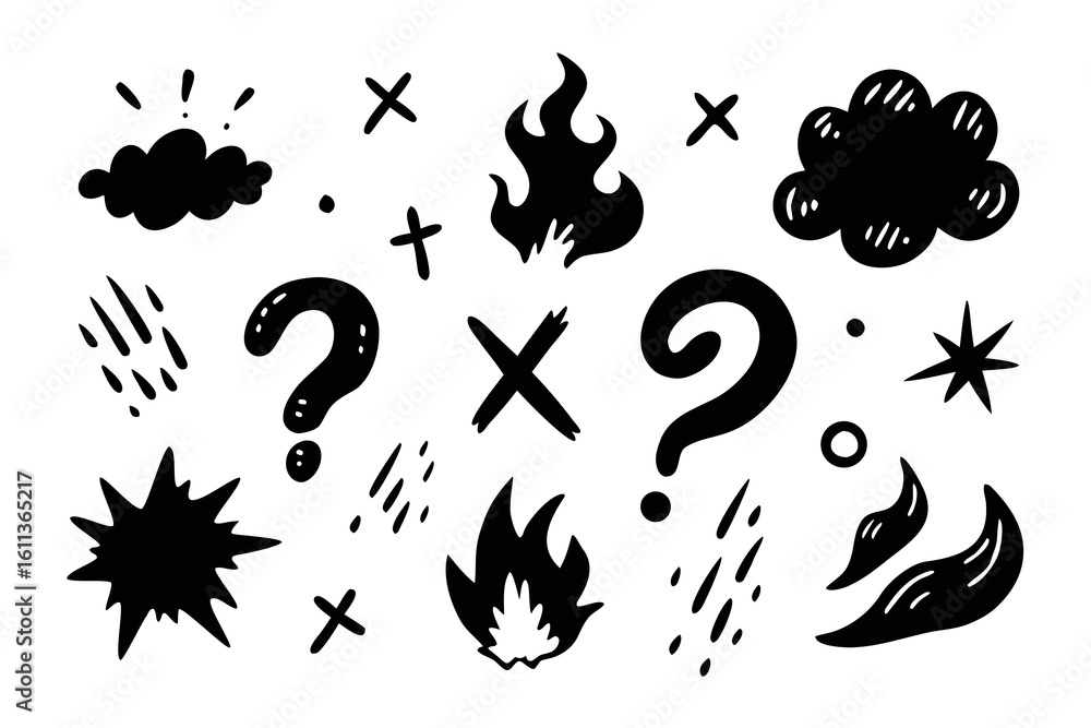 Poster collection of doodle elements in black and white including clouds fire question marks stars and cros