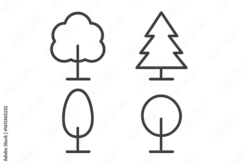 Poster minimal outline tree icon set with deciduous, evergreen pine, oval and circular symbols. thin stroke