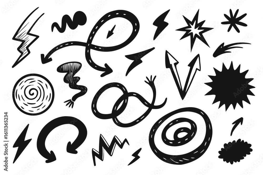 Poster hand drawn doodle elements set arrows lightning bolts stars and swirls vector illustration of sketch