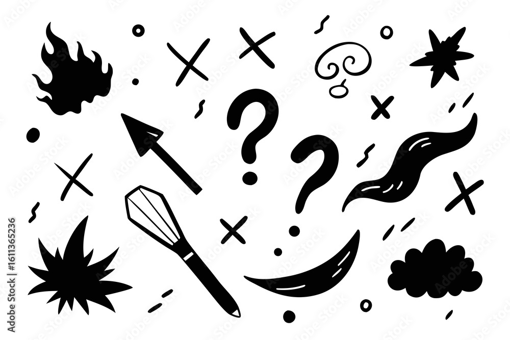 Poster abstract black and white doodle pattern with question marks arrow flame whisk and other hand drawn e