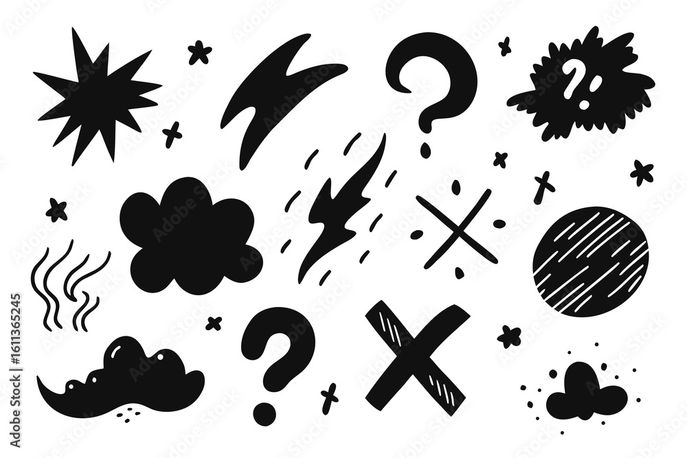 Poster hand drawn doodle elements set black and white vector illustration star lightning cloud question mar