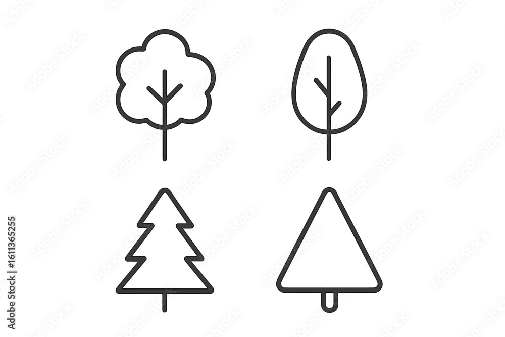 Poster minimalist thin line tree icon set for eco design and forest ui. outline deciduous, conifer, pine, s