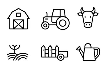 Agriculture farming icons set vector linear flat style barn tractor cow livestock crop plant fence watering can farm equipment outline symbols web application graphic design