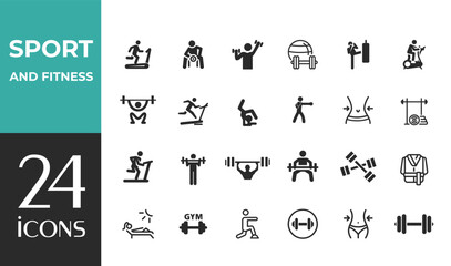 Sport and Fitness set of web icons in line style. Gym and fitness icons for web and mobile app. Healthy lifestyle, exercise, diet, nutrition, weight training, body care, workout.