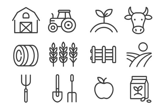 Agriculture farming icon set vector linear outline style. Rural farm symbols barn tractor cow wheat crops tools. Web app interface design elements agro business
