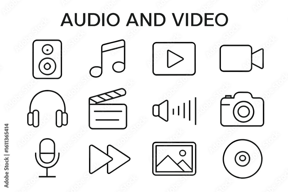 Poster audio and video line icon set. multimedia player outline symbols for web and app interface. music, s