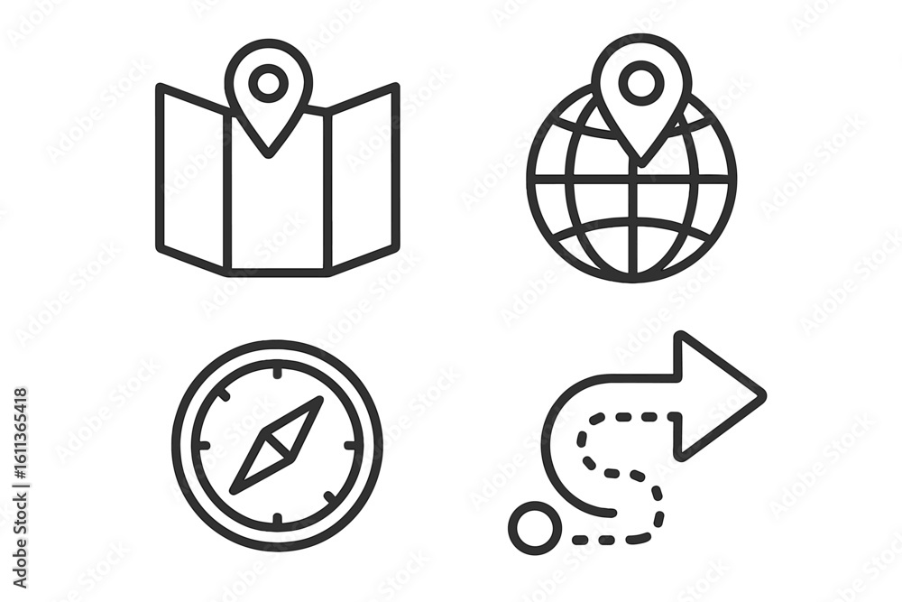 Poster location navigation icons collection. map pin compass globe direction arrows. linear vector symbols 