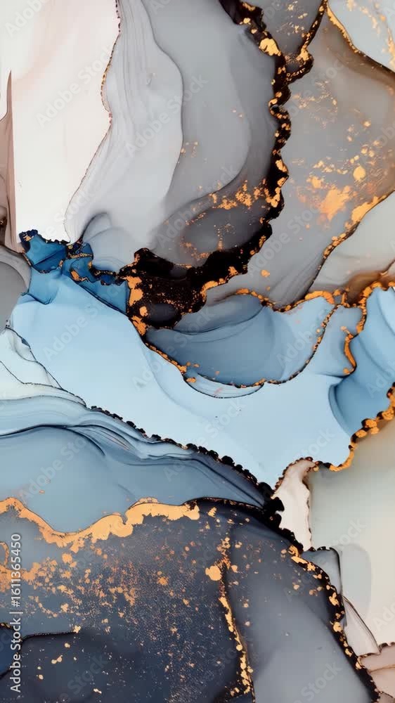 Poster fluid artistic texture features delicate blue and gray inks with gold accents for a stylish, flowing