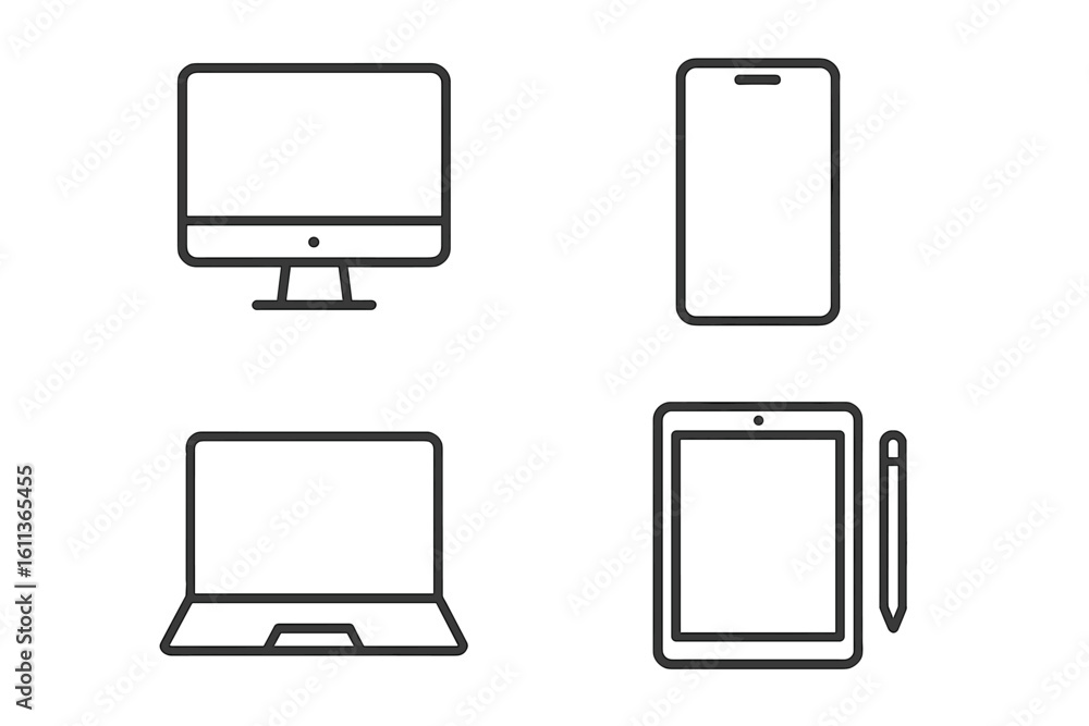 Poster device line icon set for web and mobile ui. vector collection of computer, laptop, smartphone and ta