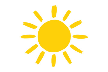 Hand drawn bright yellow sun icon with brushstroke rays, cheerful summer weather symbol, playful doodle style vector illustration isolated on transparent background for kids, apps, print design