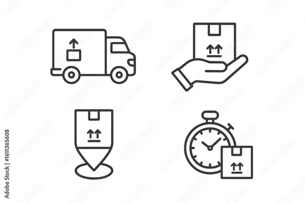 Poster delivery shipping logistics icons set. linear outline style vector symbols for ui ux web app design.