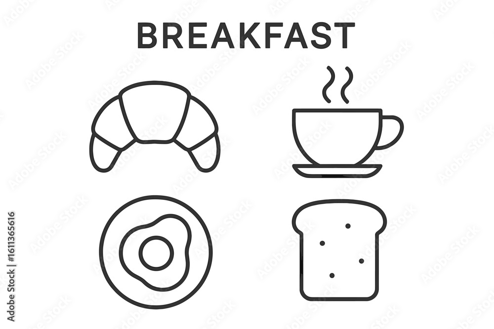 Poster breakfast food line icon set. minimal vector icons in a simple outline style. includes croissant, fr