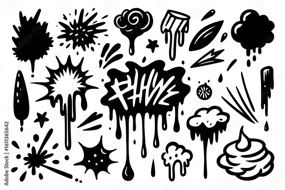 Poster collection of abstract black and white vector design elements including drips splatters clouds stars