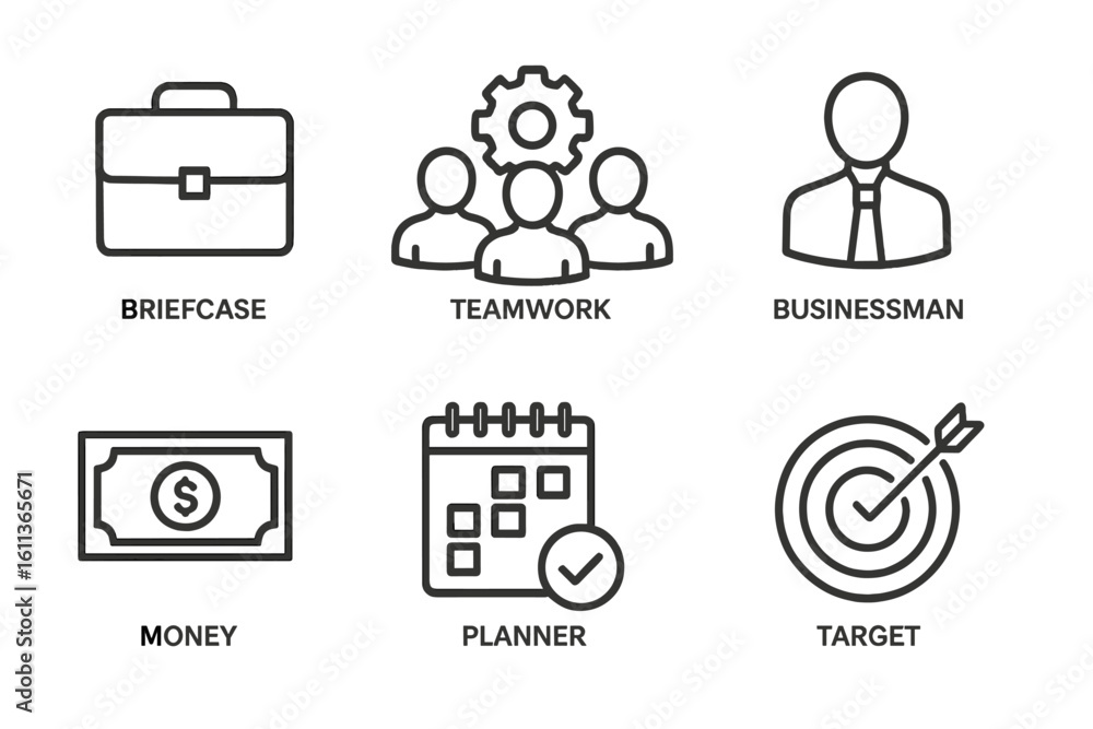 Poster business icons set vector linear flat style. briefcase teamwork businessman money planner target. ou